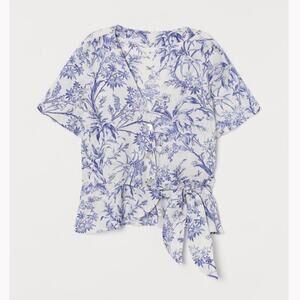 H&M Blue and White Floral Linen Wrapover Blouse, EUC, Size Small